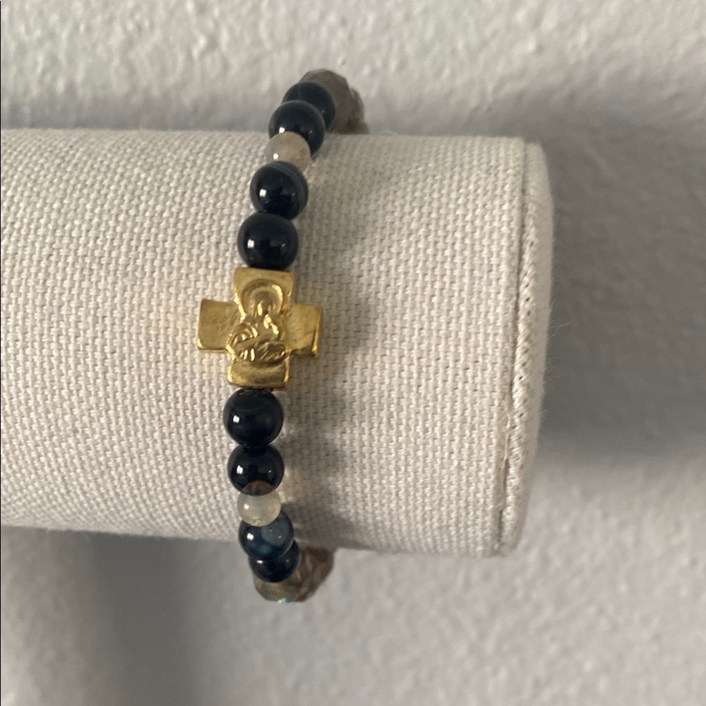 Virgin Mary 14k Gold Plated Bead & Agate/Jasper/Labradorite Stretch Bracelet